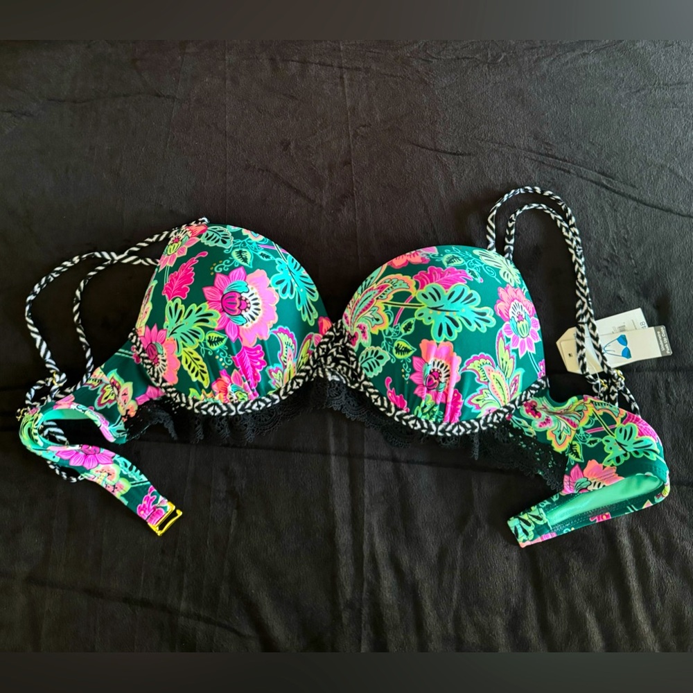 Green Pink Floral Bikini Top, Pink Gold accents flowers, XL Push Up